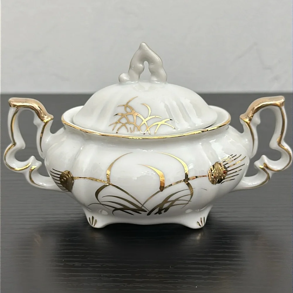 Lefton China Wheat #20120 Demitasse (mini) Cream & Lidded Sugar Bowl Gold Accent